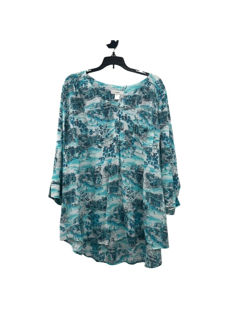 CJ Banks 3X Blue Scenic Print Button Front Blouse Used